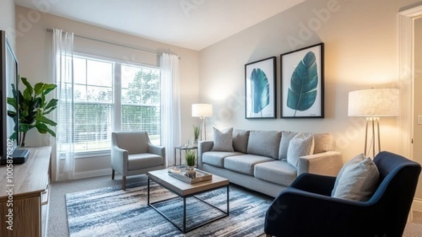 Fototapeta A cozy, modern living room featuring a comfortable sofa, stylish decor, and natural light from large windows, creating an inviting atmosphere.