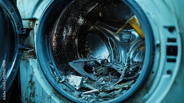 Fototapeta Interior view of a broken washing machine drum filled with debris and rust, showcasing neglect and damage in a domestic setting