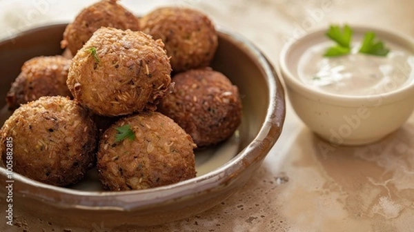 Fototapeta Lebanese falafel with golden-brown crust served with tahini on warm beige backdrop