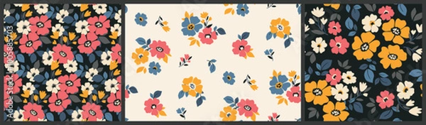 Fototapeta Seamless floral pattern, simple decorative ditsy print, abstract nature ornament of hand drawn plants. Botanical design: daisy flowers, small leaves, bouquets in folk art motif. Vector illustration.