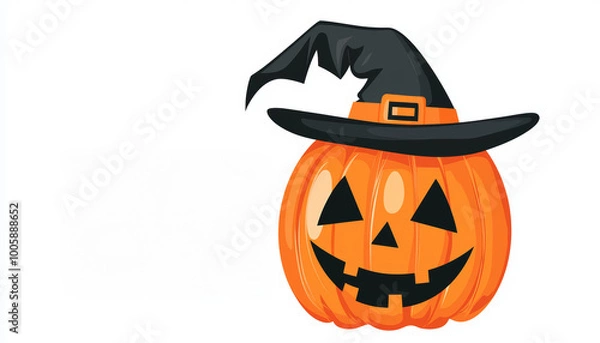 Fototapeta A smiling jack-o'-lantern donning a pointy witch hat, set against the bold 'Halloween' banner, ready to welcome trick-or-treaters.