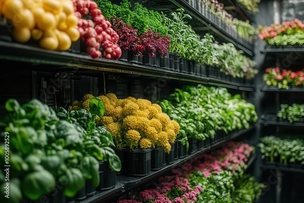 Fototapeta A vibrant display of fresh herbs and vegetables in pots, showcasing a variety of colors and textures in a market setting.