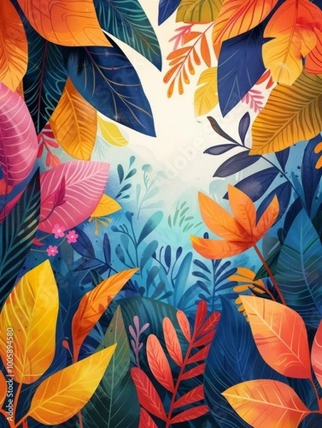 Fototapeta Surrounding the blank square are various colorful leaves and plants, adding a vibrant and lively touch to the scene.