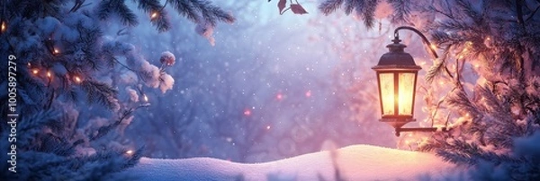 Fototapeta Winter Evening with Lantern in Snowy Forest Scene