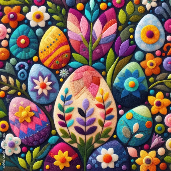 Fototapeta Felt art patchwork, Easter eggs with spring flowers, colorful holiday