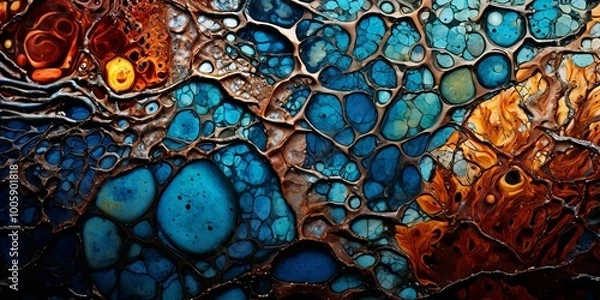 Fototapeta A painting of a blue and orange background with many small blue