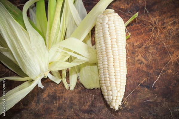 Obraz white corn on wooden background