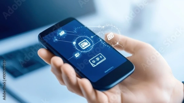 Fototapeta Closeup of a Person s Hand Holding a Smartphone with a Futuristic User Interface on the Screen