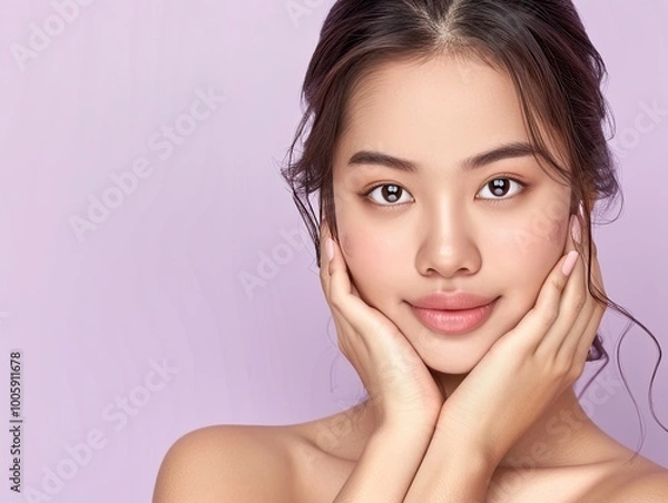 Fototapeta Beautiful young woman with clear skin, soft features, and gentle expression, posed against a pastel purple background.
