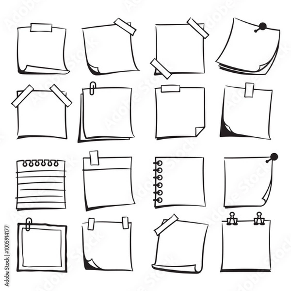 Fototapeta Set of sticky notes in vector illustration with doodle line art style. Isolated and easy to use, perfect for creative design projects and planners.