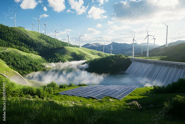 Fototapeta 再生可能エネルギー。風力タービンとソーラーパネルが共存する美しい自然景観