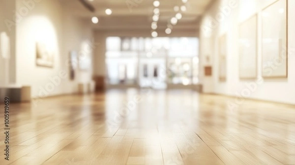 Fototapeta A blurred view of a spacious art gallery with wooden flooring and bright lighting.