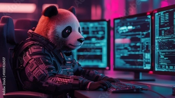 Fototapeta Panda in a space suit working at a computer.