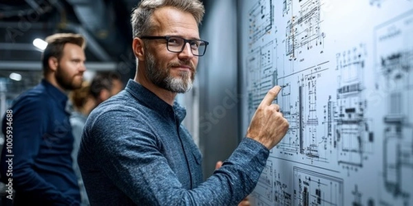 Fototapeta Portrait of an electrical engineer presenting a new design to colleagues, technical diagrams on the walls, confident expression