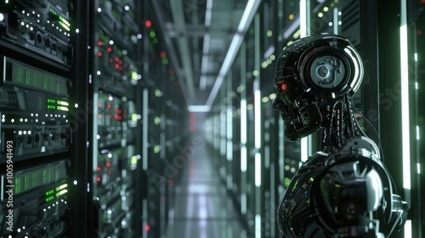 Obraz 3d rendering humanoid robot in server room or data center hallway with servers