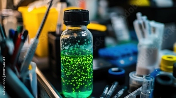 Fototapeta A glowing green liquid in a laboratory setting, surrounded by scientific equipment.