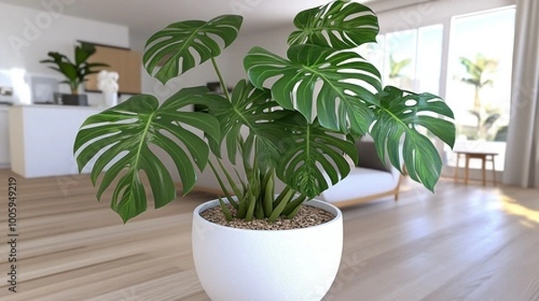 Fototapeta A vibrant monstera plant in a modern indoor setting, enhancing the room's aesthetics.