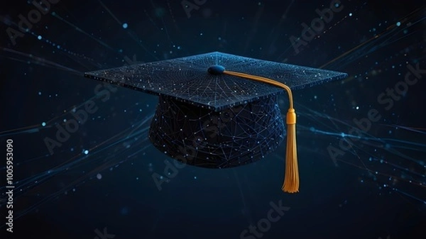 Obraz Power to determine your destiny via education is depicted in this abstract digital artwork of an open graduation cap comprised of luminous lines and dots that is floating above a network grid on a dar