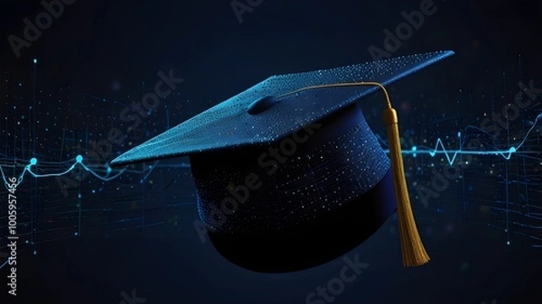Obraz Power to determine your destiny via education is depicted in this abstract digital artwork of an open graduation cap comprised of luminous lines and dots that is floating above a network grid on a dar