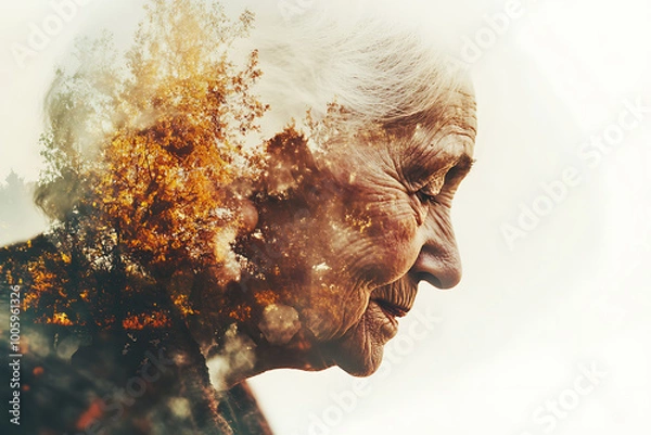 Fototapeta A heartwarming double exposure image of a loving old woman and old man, blending their faces to symbolize the deep bond, tenderness, and lifelong connection they share