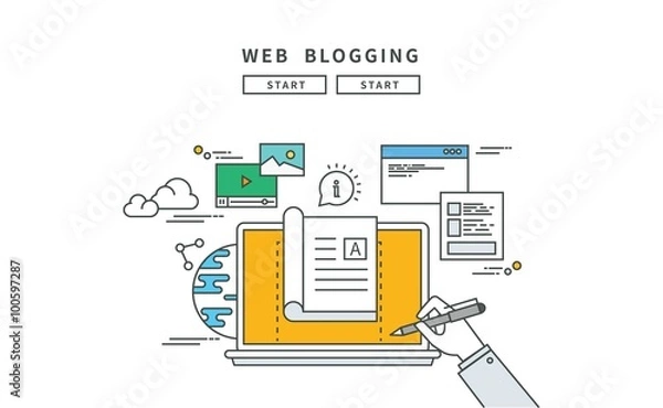 Fototapeta simple line flat design of web blogging, modern vector illustration