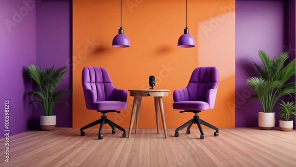 Fototapeta Bright podcast studio with purple chairs, wooden table, orange accent wall, and indoor plants. Perfect setting for creative interviews or content creation.
