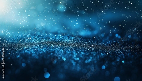 Fototapeta Abstract blue glitter background with bokeh lights and particles. Glittering night sky, dark background