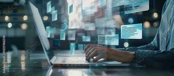 Obraz A person is typing on a laptop with digital screens floating above, representing the concept of virtual office technology and remote work.