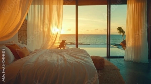 Fototapeta A serene bedroom with ocean view, showcasing tranquility and relaxation at sunset.