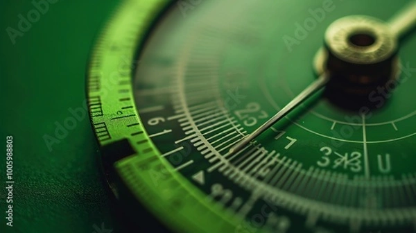 Fototapeta A macro shot of a digital protractor displaying angle measurements with a solid green background