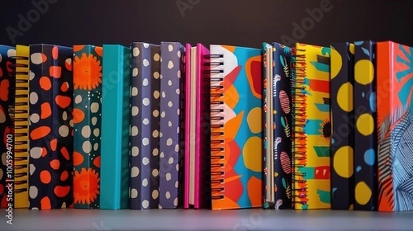 Fototapeta A row of spiral-bound notebooks lined up on a shelf