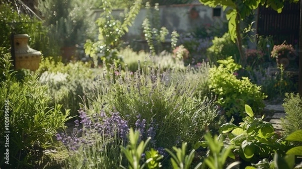 Fototapeta A rustic herb garden brimming with aromatic plants such as lavender