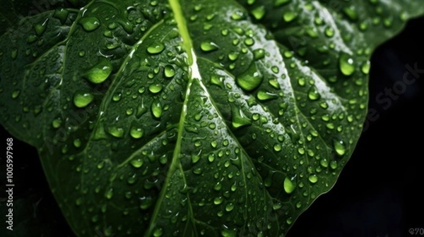 Obraz Water Droplets on Green Leaf