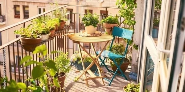 Fototapeta A sunny balcony with plants in pots, a small table, and a chair, perfect for relaxation