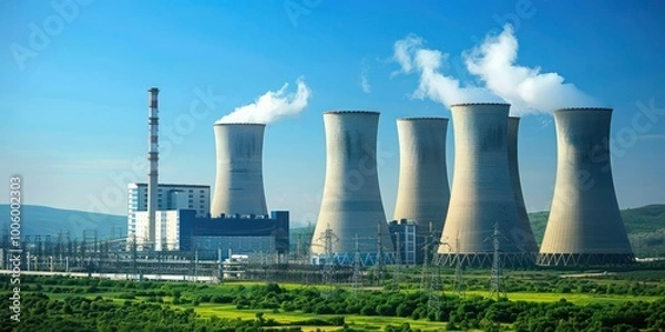 Fototapeta An industrial power plant with large smokestacks and cooling towers, set against a clear blue sky