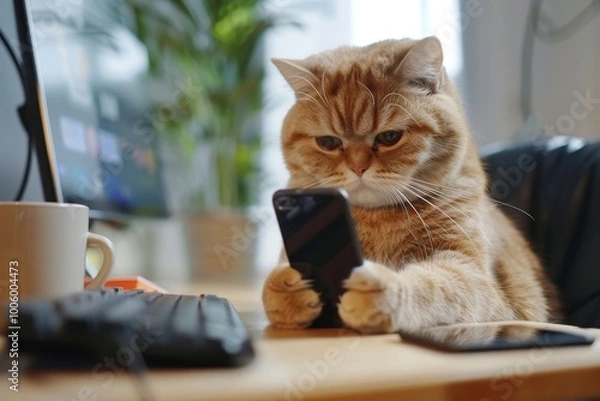 Fototapeta A cat sits in an office and stares at a smartphone screen