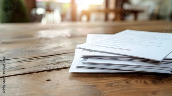 Fototapeta A stack of resumes and job applications on a wooden table