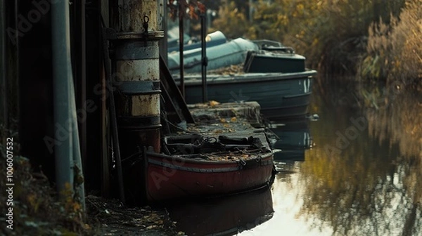 Fototapeta Tranquil Canal Scene with Boats and Autumn Leaves