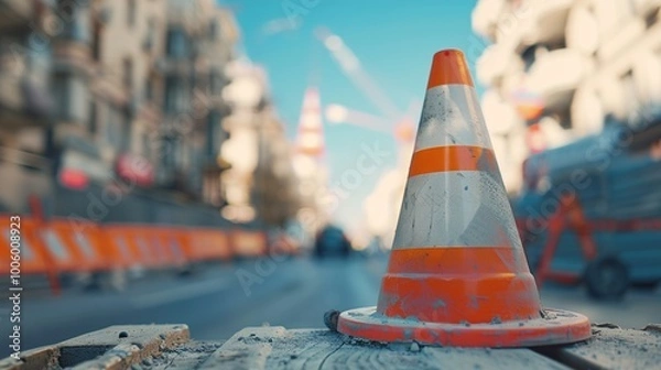 Fototapeta A traffic cone placed on top of a construction barricade