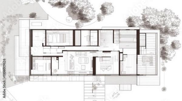 Fototapeta A detailed floor plan of a contemporary house, showing the layout of rooms and design flow
