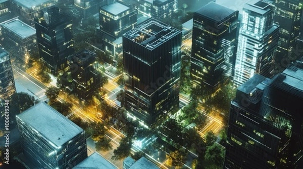 Fototapeta An architectural concept for a smart city block, where all buildings are connected through a central smart grid