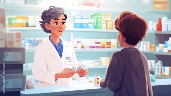 Fototapeta A friendly pharmacist assists an elderly woman with obtaining her medication and provides valuable advice for maintaining her health and well-being