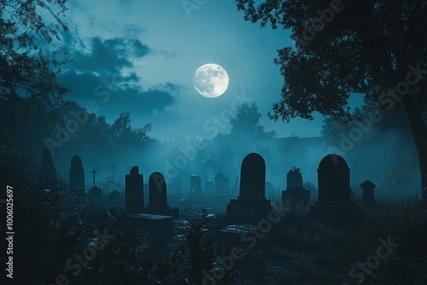 Fototapeta A spooky graveyard under a full moon, with eerie mist floating over the headstones. Dark, haunting atmosphere perfect for Halloween or horror themes - generative ai