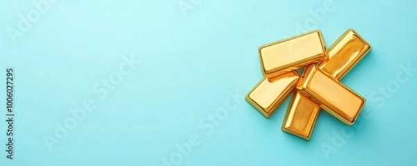 Fototapeta A collection of gold bars on a turquoise background, symbolizing wealth, luxury, and investment opportunities.