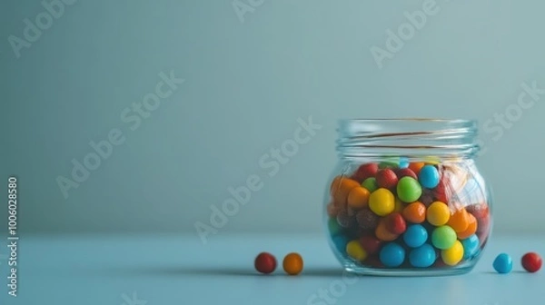 Fototapeta Close-up of a candy jar filled with colorful candies, placed on a clean backdrop, leaving room for text
