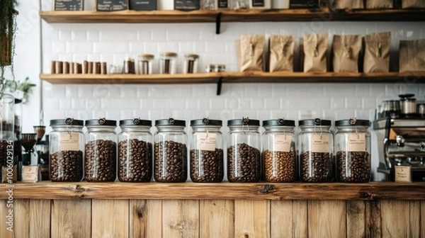 Fototapeta Coffee Beans in Glass Jars on a Wooden Counter