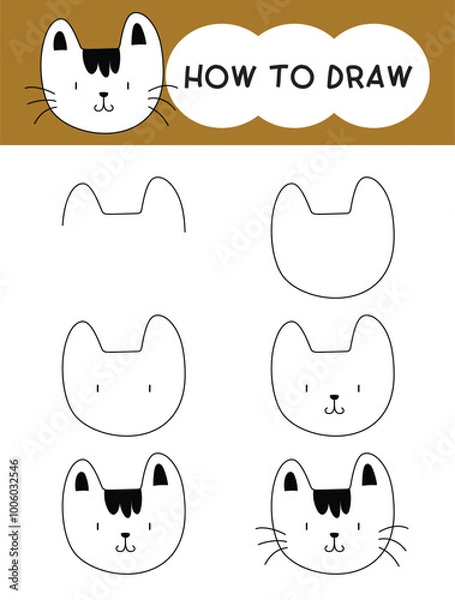 Fototapeta How to draw cat face cartoon step by step for learning, kid, education, coloring book. Vector illustration