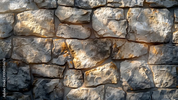 Obraz Captivating texture of weathered stone wall illuminated by warm sunlight shadows