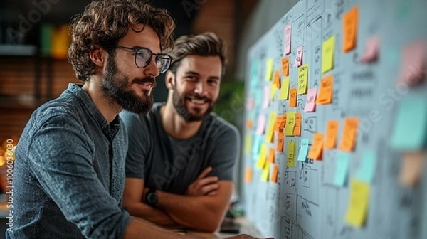 Obraz an A product owner and Scrum master collaborating on sprint goals and backlog prioritization.