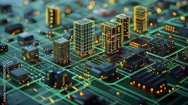 Obraz Futuristic Cityscape Circuit Board